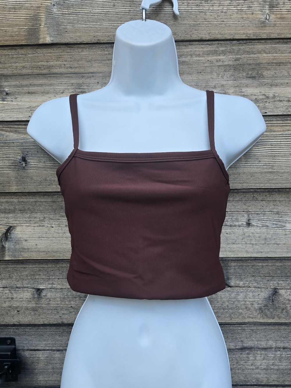 Square Neck Ribbed Crop Tank Top — Brown